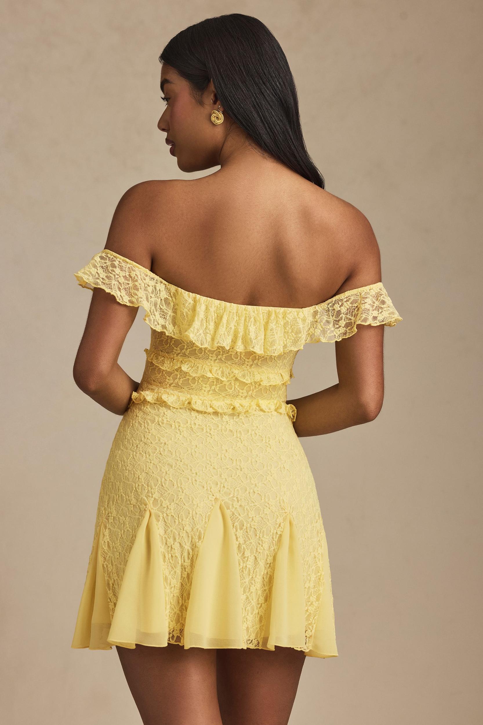 Off-Shoulder Lace A-Line Mini Dress in Pastel Yellow Product Image