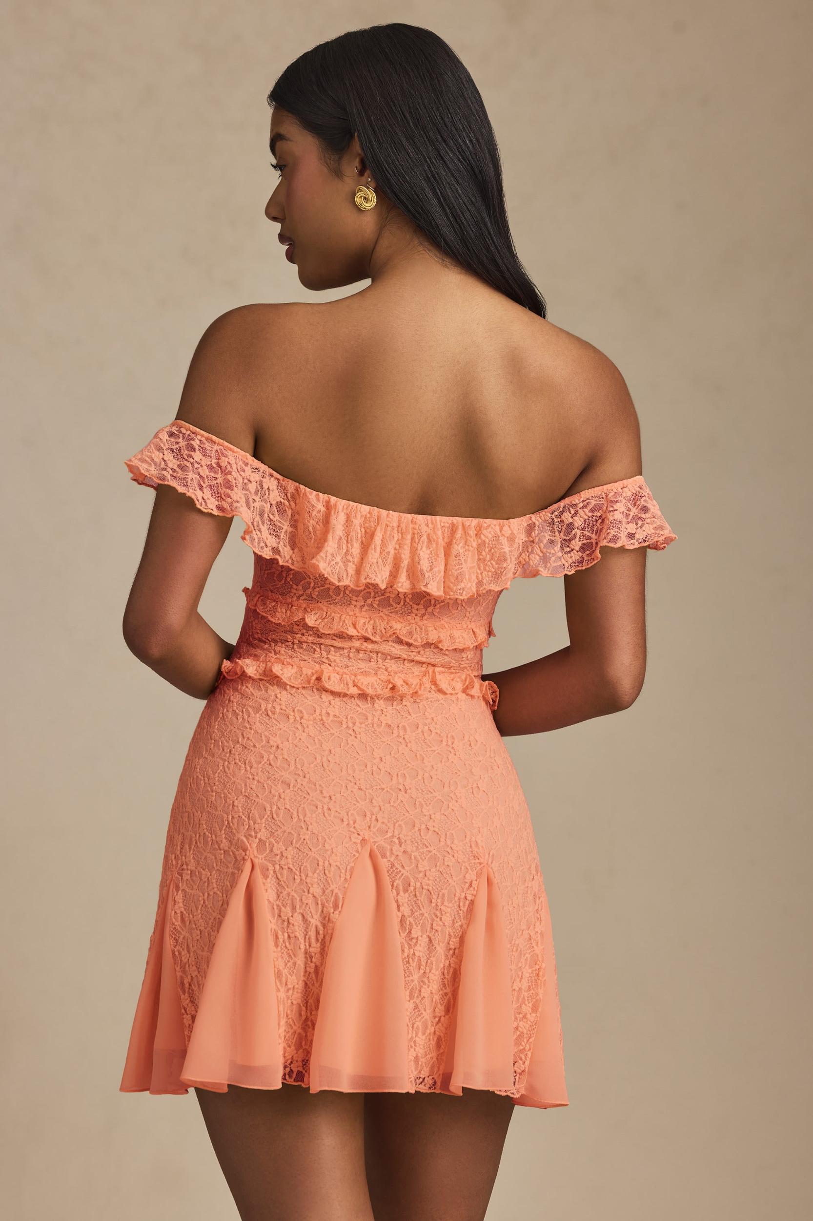 Off-Shoulder Lace A-Line Mini Dress in Peach Product Image