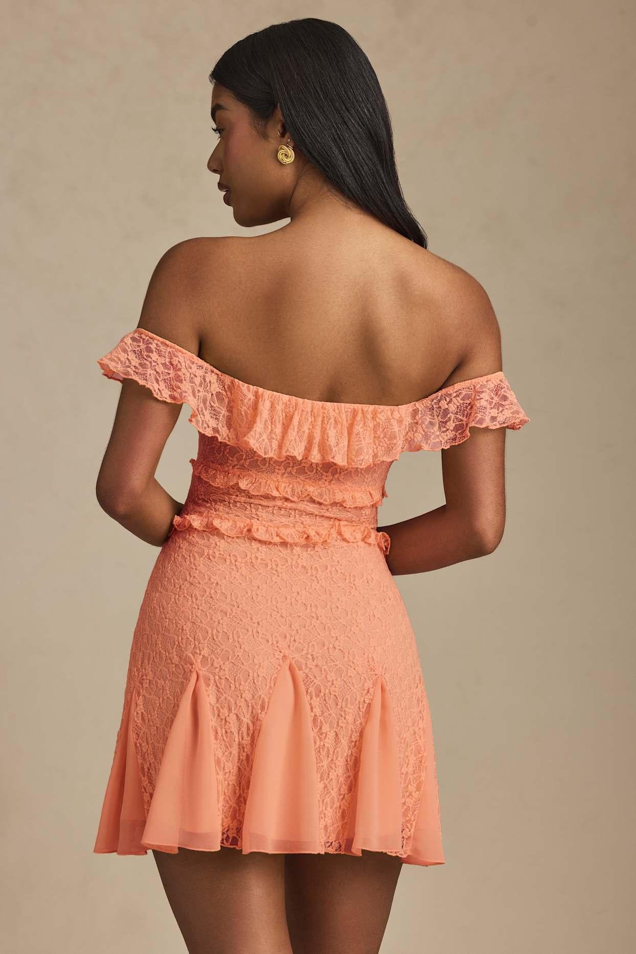 Off-Shoulder Lace A-Line Mini Dress in Peach Product Image