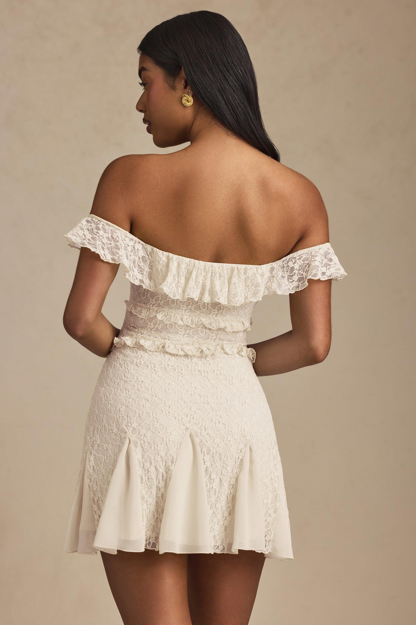 Off-Shoulder Lace A-Line Mini Dress in Ivory Product Image