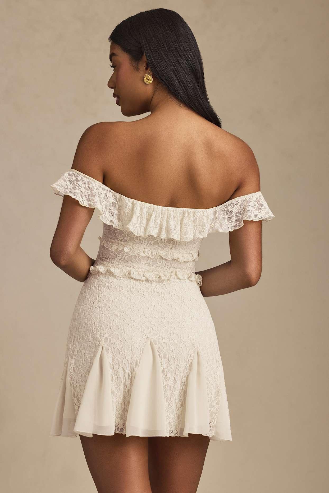 Off-Shoulder Lace A-Line Mini Dress in Ivory Product Image