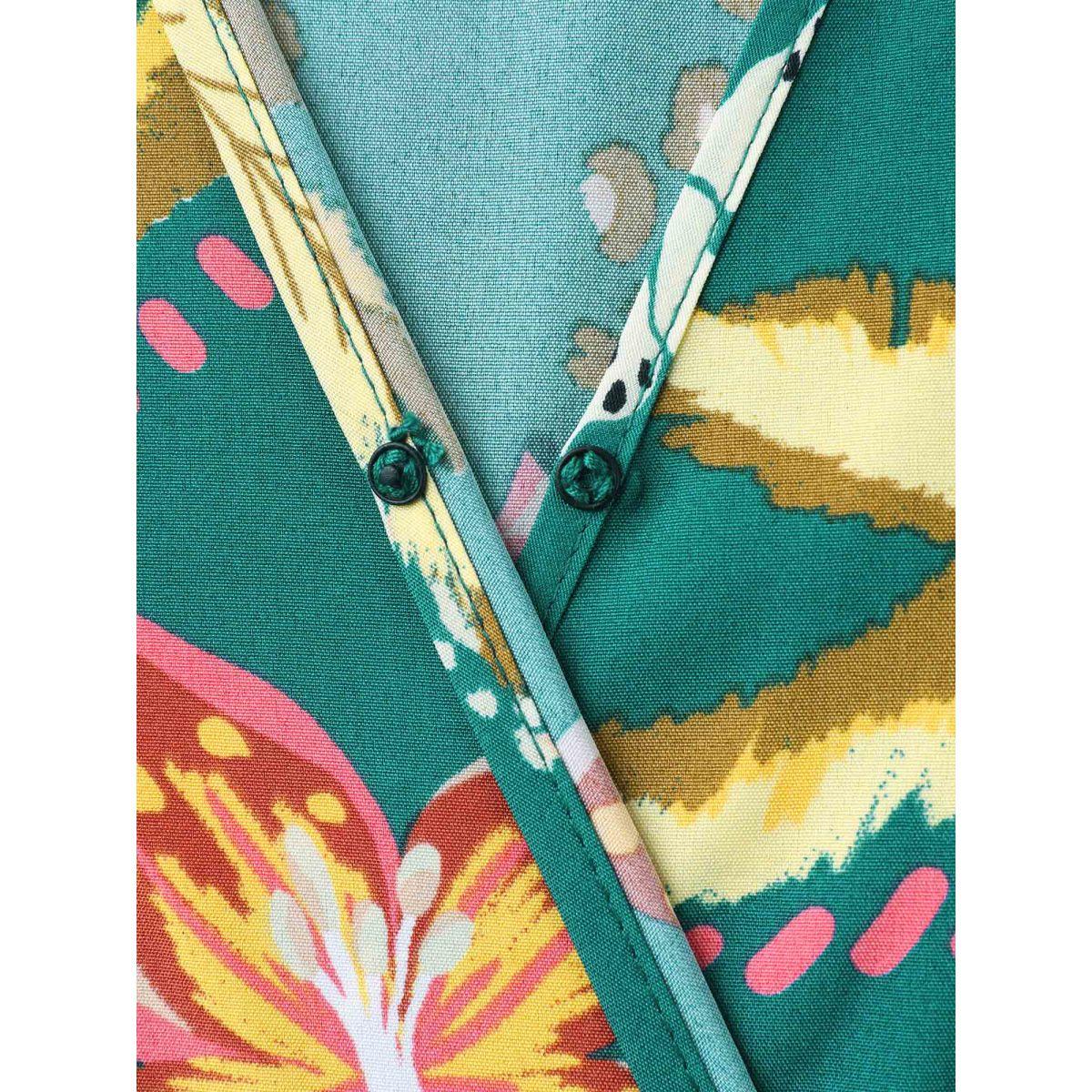 Plus Size Tropical Floral Print Pockets Flowy Midi Dress Teal Women Overlap Collar Short sleeve Curvy BloomChic 14-16/1X Product Image