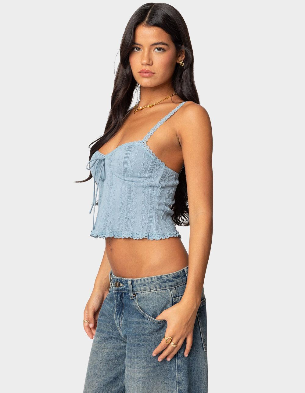 EDIKTED Lacey Knit Tank Top - LIGHT BLUE Product Image