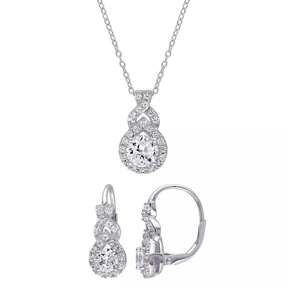 Stella Grace Sterling Silver Lab-Created White Sapphire Halo Pendant Necklace & Earring Set, Women's, Size: 18" Product Image