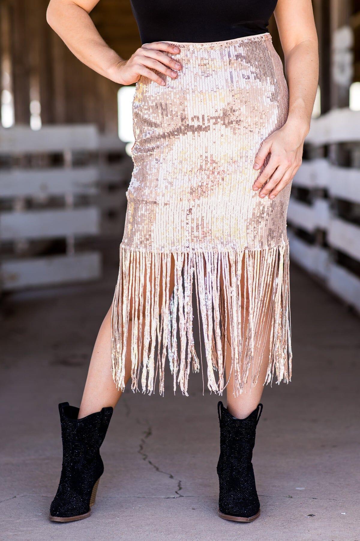 Rose Gold Sequin Midi Skirt With Fringe Product Image