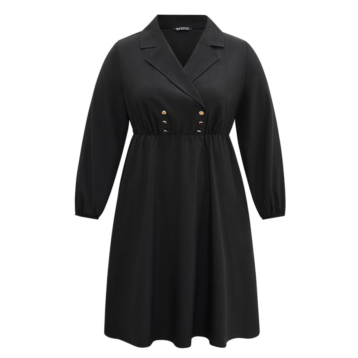 Plus Size Static-Free Suit Collar Button Detail Elastic Waist Dress Black Women At the Office Elastic cuffs Suit Collar Long Sleeve Curvy Midi Dress BloomChic 10/M Product Image