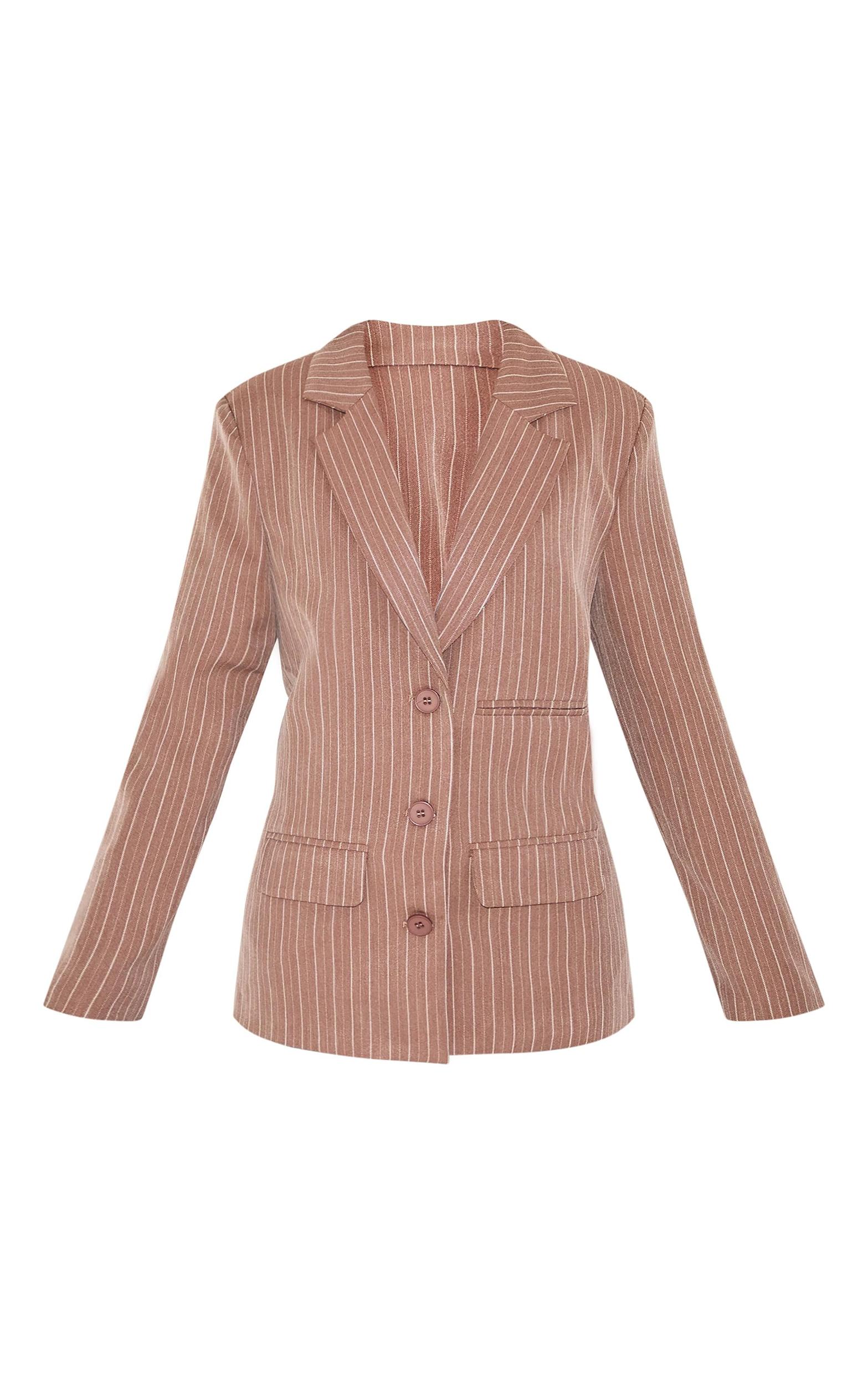 Petite Taupe Woven Pinstripe Oversized Blazer Product Image