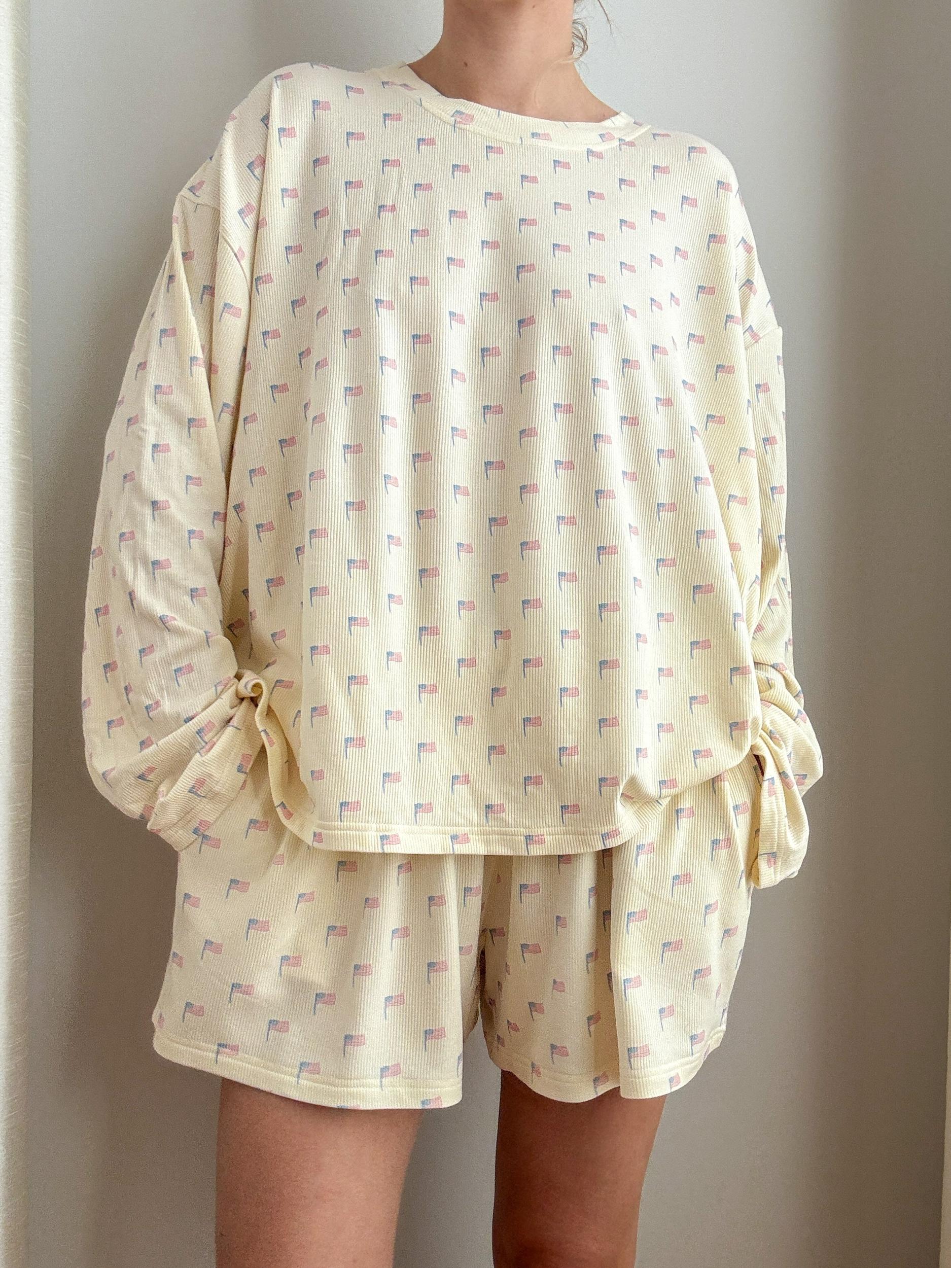 Pale Yellow American Flag Pajama Pattern Top Product Image