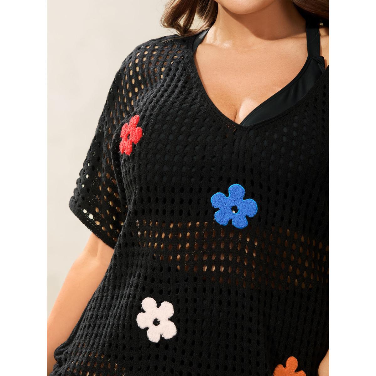 Plus Size Crochet Flowers Side Drawstrings Swim Cover-Up Women's Swimwear Black Beach Loose Texture Curve Swim Cover Ups BloomChic 22-24/3X Product Image