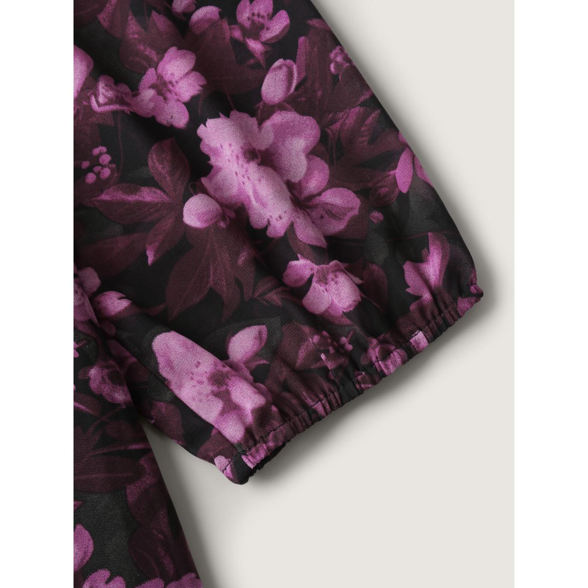 Plus Size Large Floral Print Shirred Waist Midi Dress Deeppurplered Women Romantic Shirred Heart neckline Elbow-length sleeve Curvy BloomChic 10/M Product Image