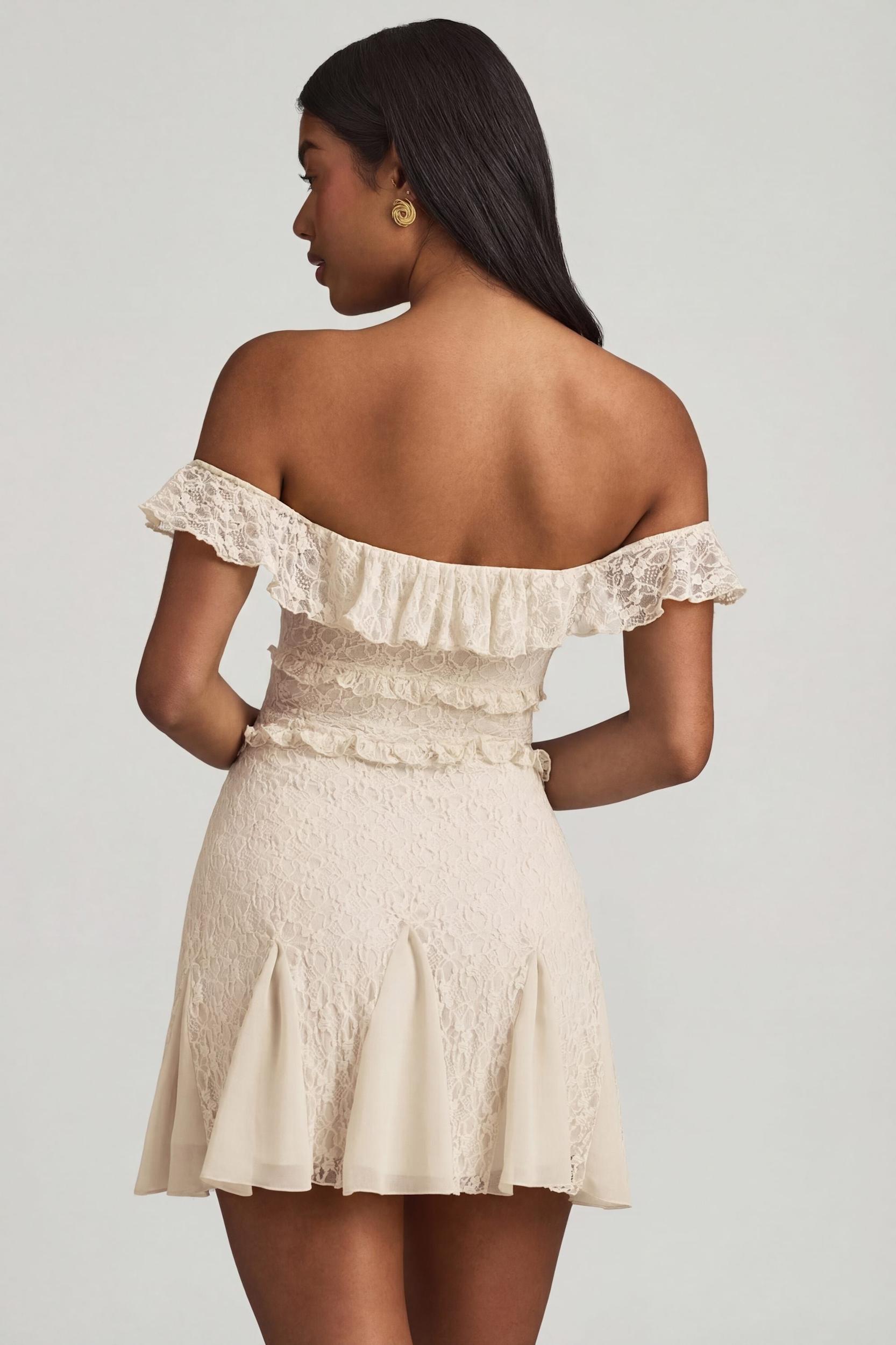 Off-Shoulder Lace A-Line Mini Dress in Ivory Product Image