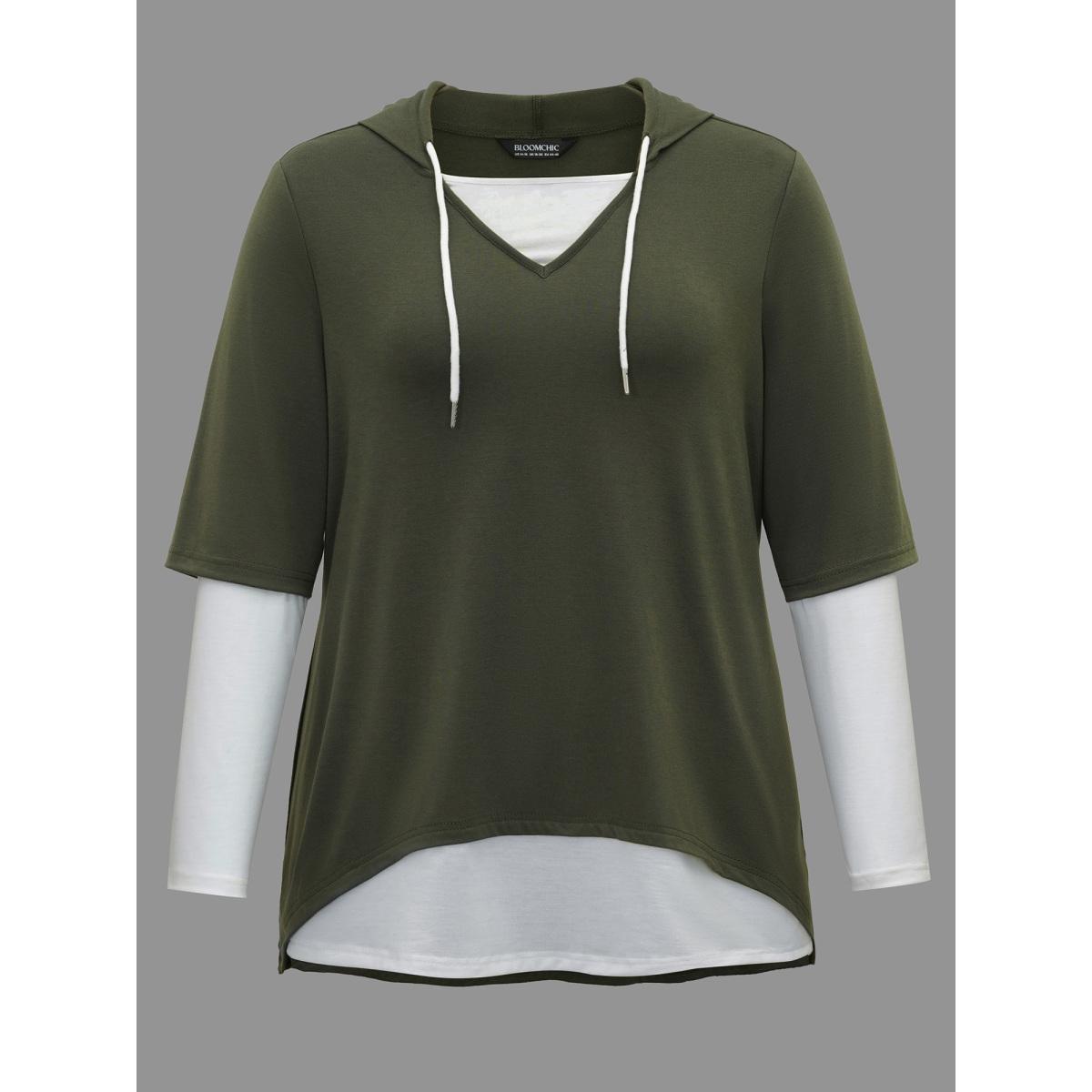Plus Size Color Contrast Combined Hoodie Shirt ArmyGreen Women Casual Contrast Hooded Loose Everyday T-shirts BloomChic 18-20/2X Product Image
