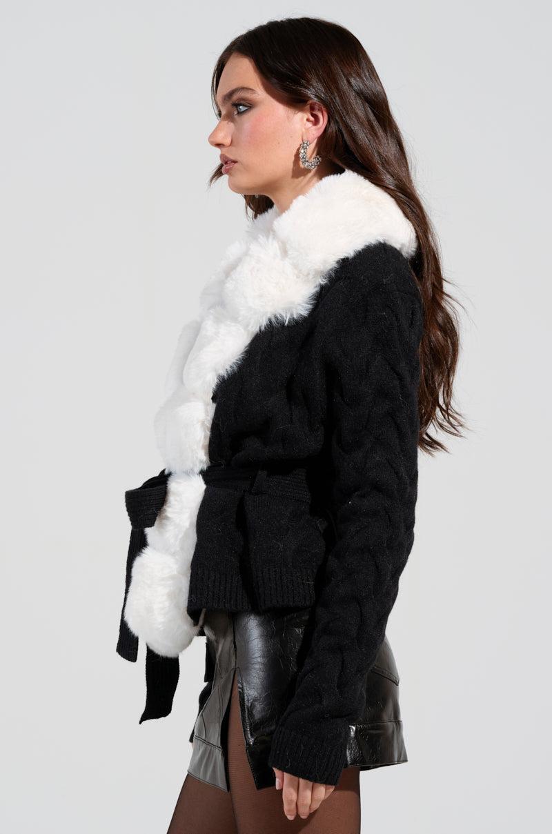 BABBS KNIT FUR TRIM CARDIGAN WITH SELF TIE BELT Product Image