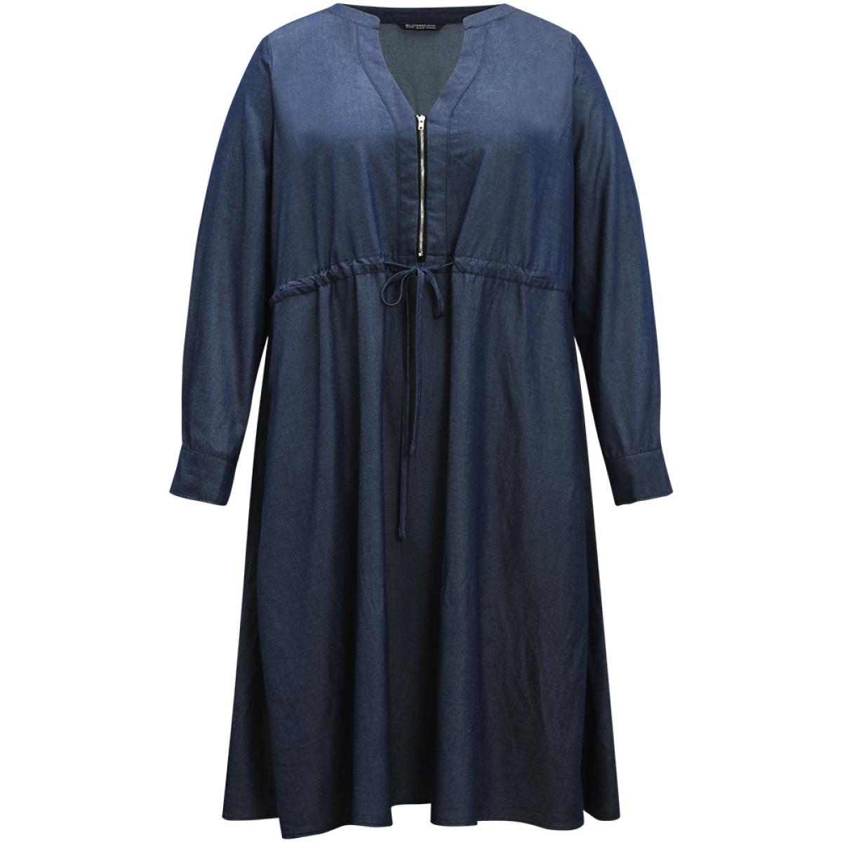 Plus Size Denim Half Zip Drawstring Elastic Waist Dress Indigo Women Casual Plain Notched collar Long Sleeve Curvy Midi Dress BloomChic 14-16/1X Product Image