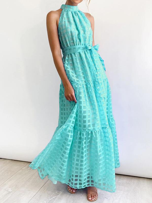 Loose Sleeveless Plaid Ribbed Stand Collar Maxi Dresses Product Image