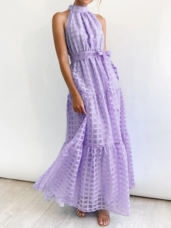 Loose Sleeveless Plaid Ribbed Stand Collar Maxi Dresses Product Image
