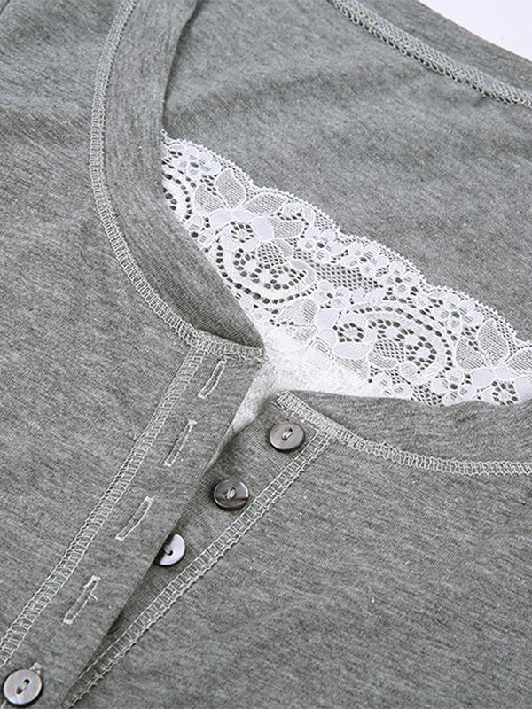 Patchwork Lace Buttoned Long Sleeve Tee Product Image