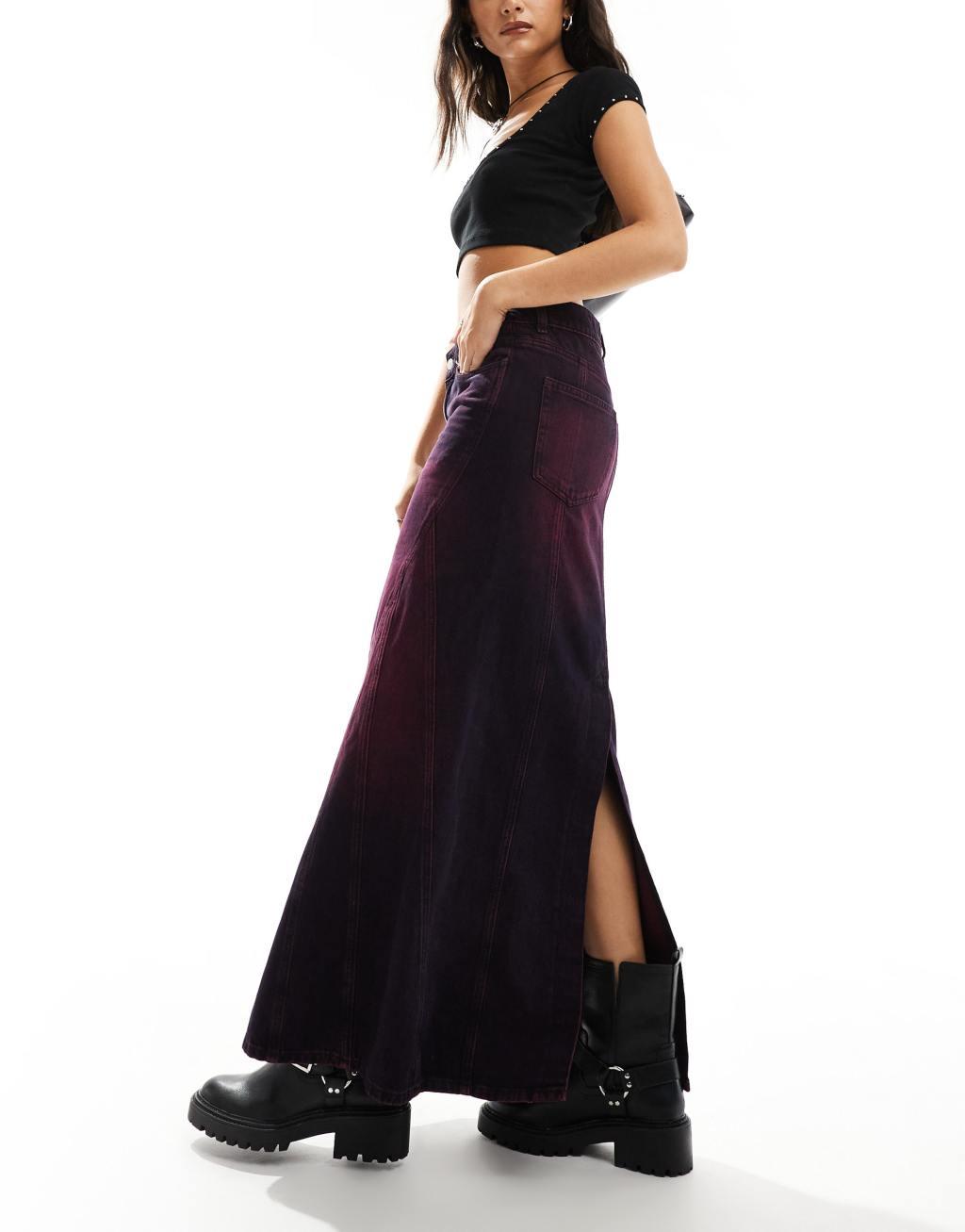 Monki denim column maxi skirt in purple overdye Product Image