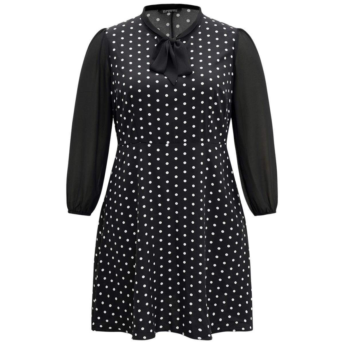 Plus Size Polka Dot Patchwork Knot Lantern Sleeve Dress Black Women Office Elastic cuffs Tie Neck Long Sleeve Curvy Midi Dress BloomChic 10/M Product Image