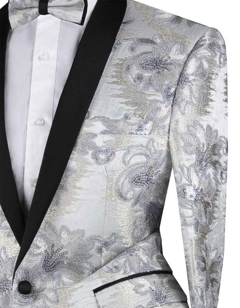 Silver Embroidery Slim Fit Jacket Shawl Lapel with Bow Tie Product Image