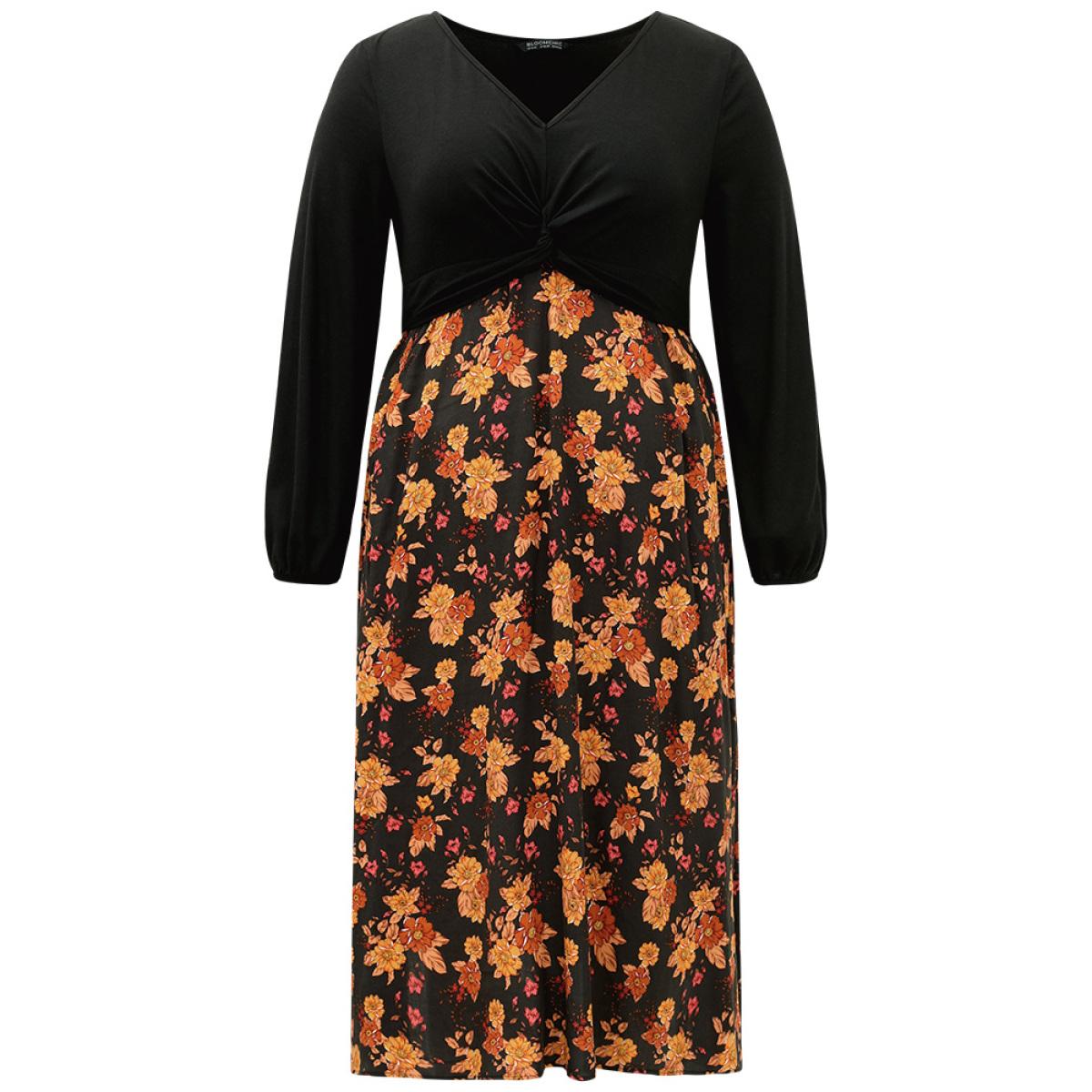 Plus Size Supersoft Essentials Floral Patchwork Twist Front Dress Black Women Elegant Elastic cuffs V-neck Long Sleeve Curvy Midi Dress BloomChic 28/5X Product Image