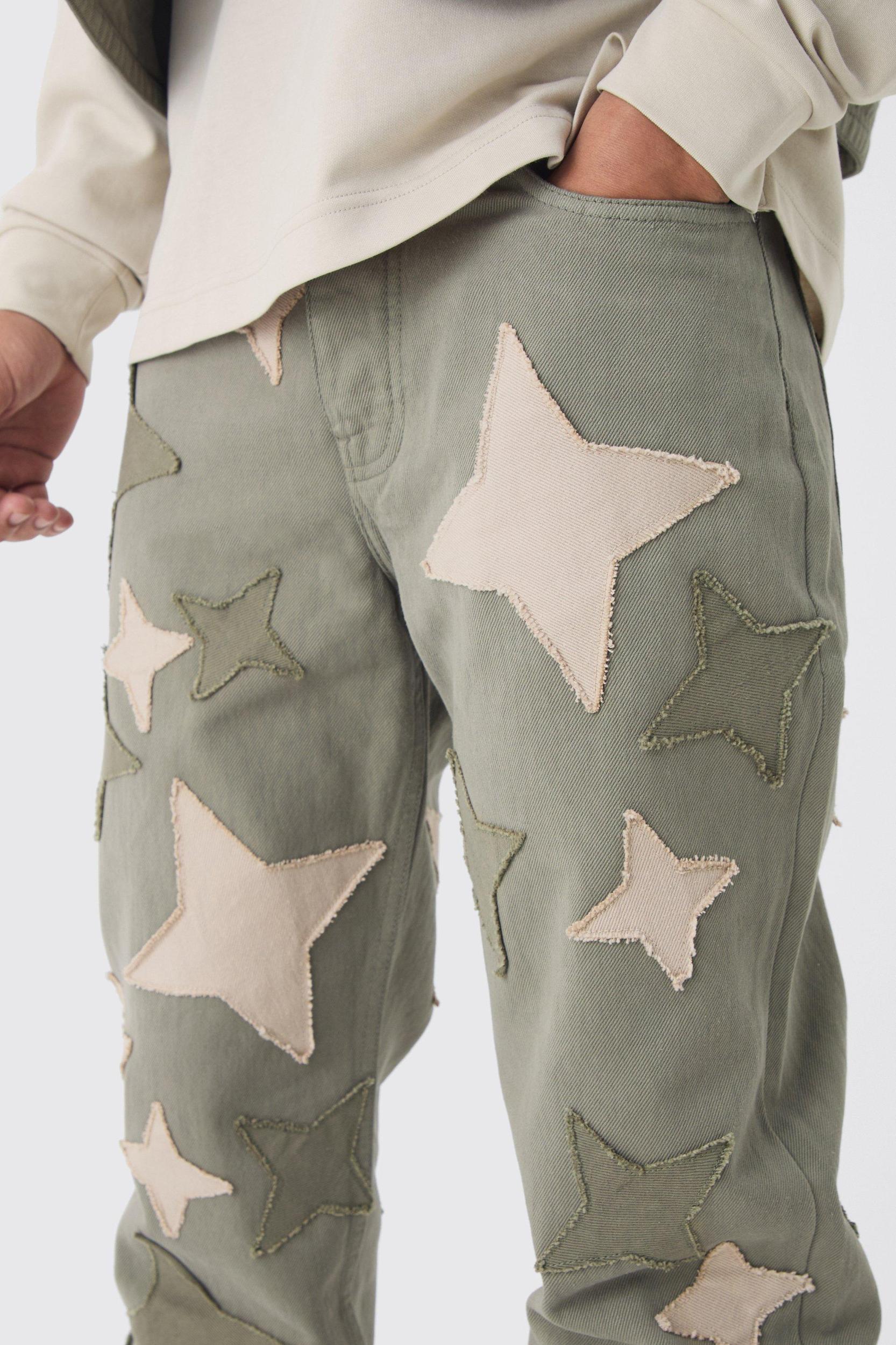 Relaxed Fit Star Patchwork Applique Jeans | boohooMAN USA Product Image
