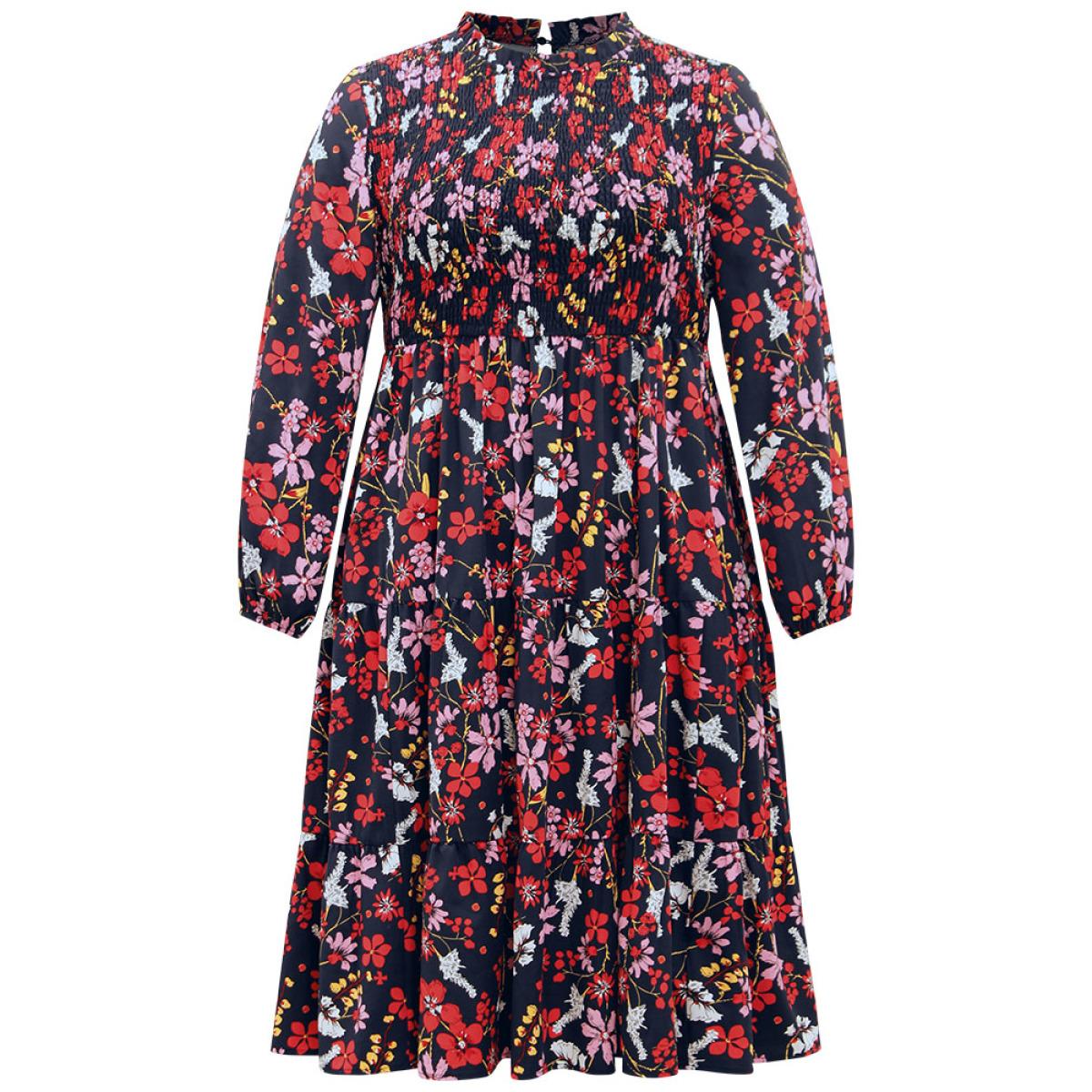 Plus Size Floral Print Keyhole Shirred Dress DarkBlue Women Elegant Elastic cuffs Mock Neck Long Sleeve Curvy Midi Dress BloomChic 14-16/1X Product Image