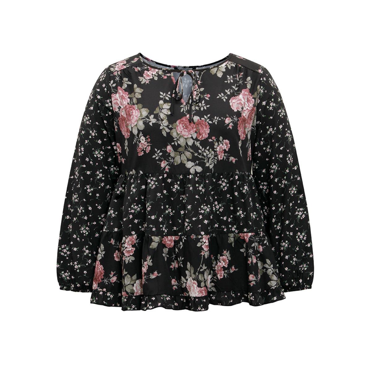 Plus Size Black Floral Knot Neck Lantern Sleeve Ruffle Layered Hem Blouse Women Elegant Long Sleeve Tie Neck Vacation Blouses BloomChic 14-16/1X Product Image