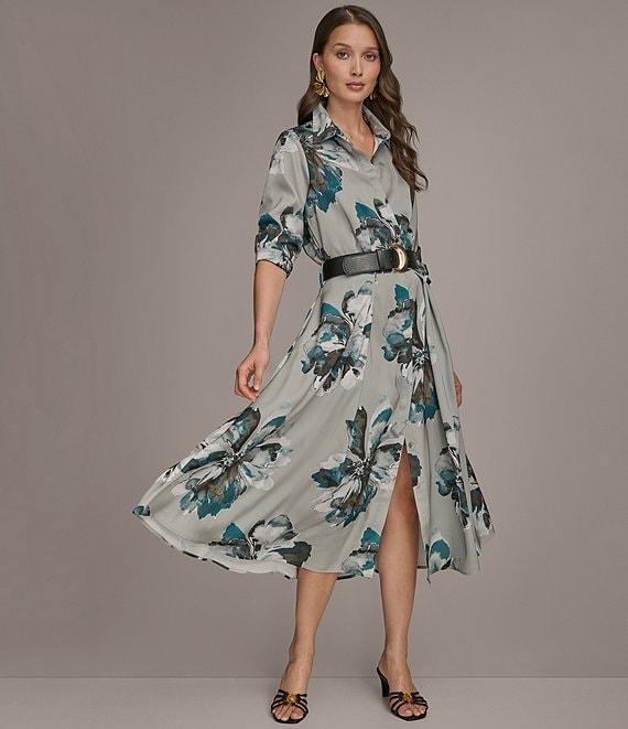 Donna Karan Floral Point Collar Belted Midi Shirtdress Product Image