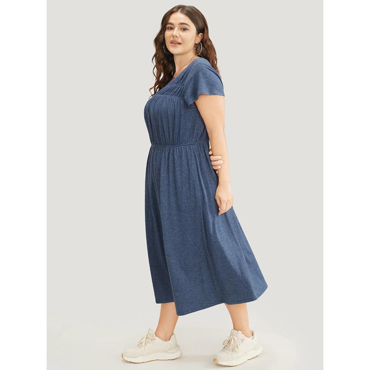 Plus Size Plain Gathered Pocket Round Neck Ruffle Sleeve Dress DarkBlue Women Office Gathered Round Neck Short sleeve Curvy Midi Dress BloomChic 18-20/2X Product Image