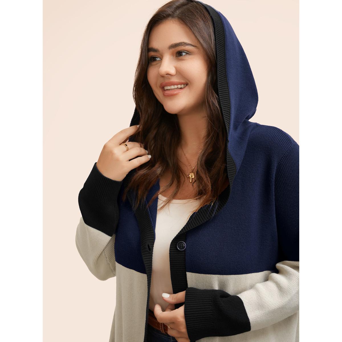Plus Size Colorblock Contrast Patched Pocket Hooded Cardigan Navy Women Leisure Loose Long Sleeve Casual Cardigans BloomChic 26/4X Product Image