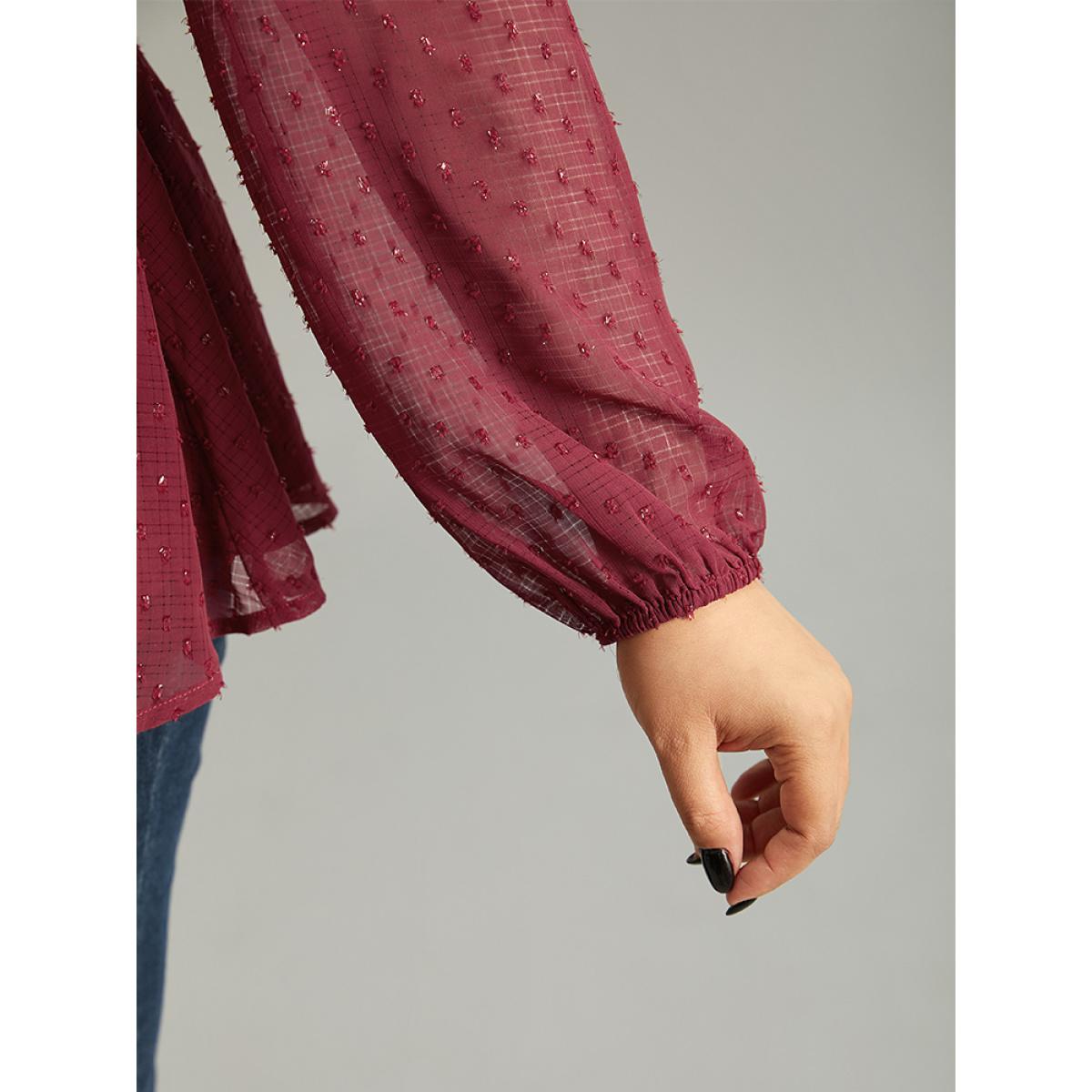 Plus Size Burgundy Plain Textured Shirred Lantern Sleeve Blouse Women Glamour Long Sleeve V-neck Office Blouses BloomChic 26/4X Product Image