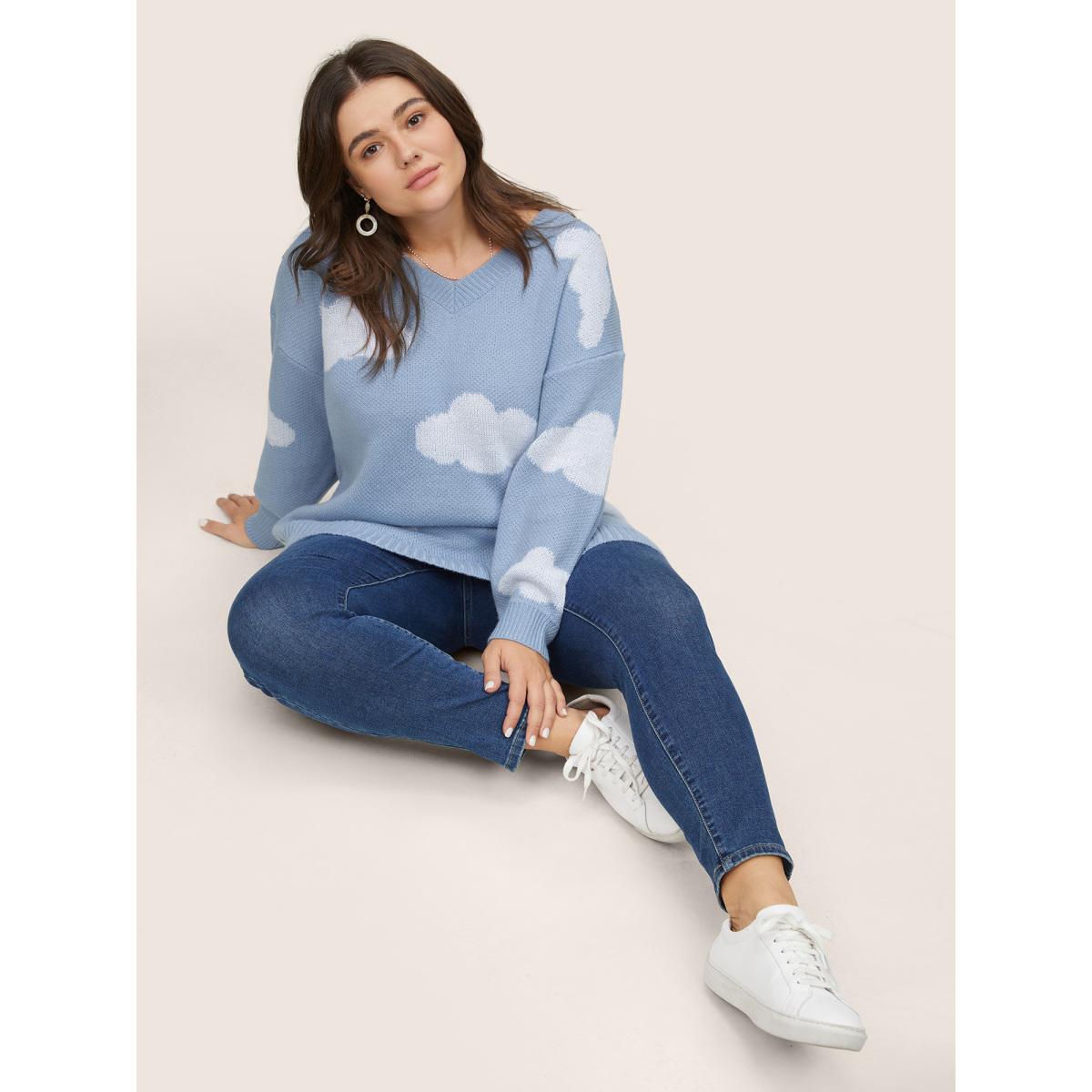 Plus Size Blue Sky White Clouds V Neck Pullover Stone Women Casual Long Sleeve V-neck Everyday Pullovers BloomChic 30/6X Product Image