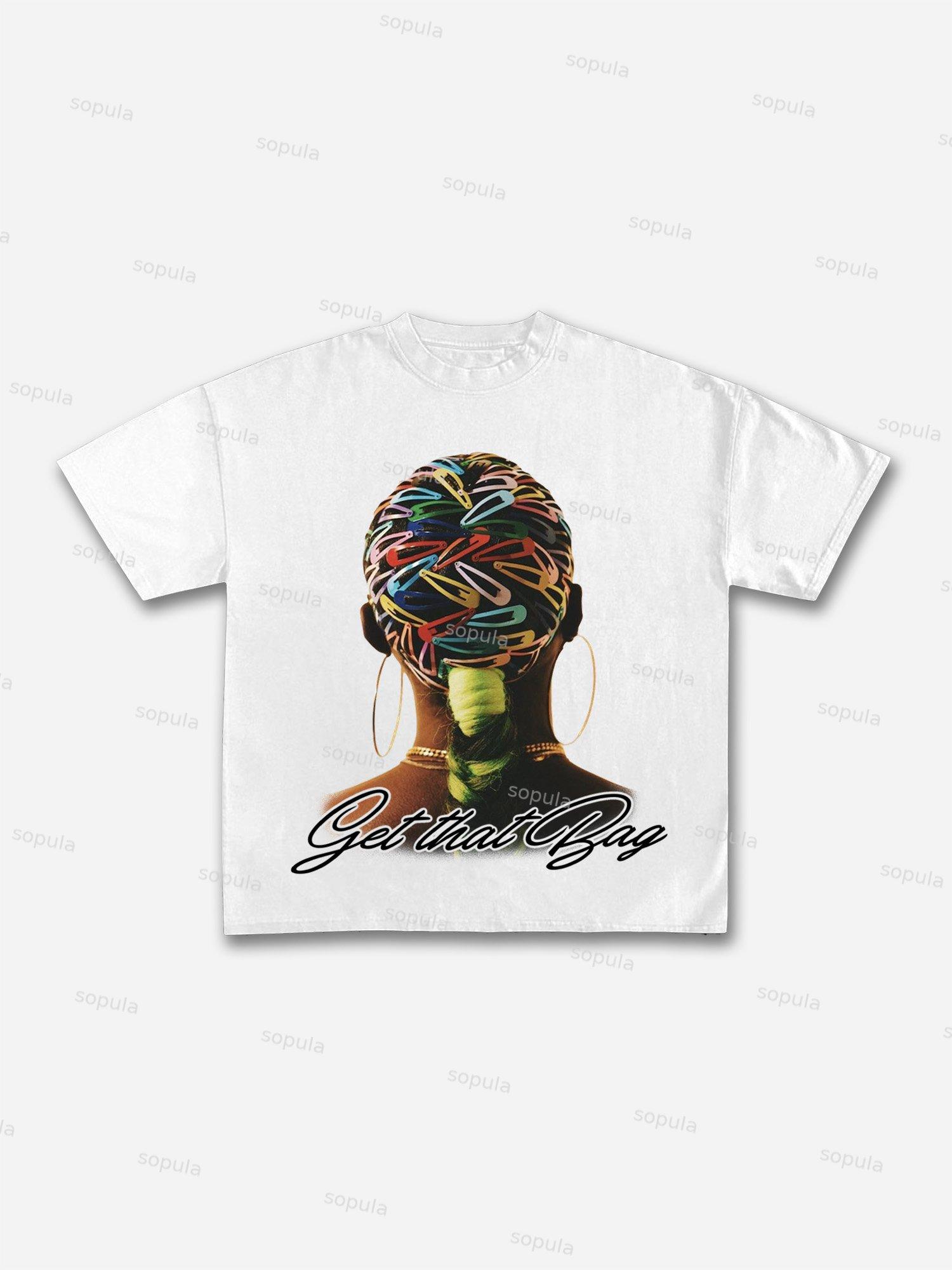 Get That Bag Colorful Hairpin Headpiece Portrait Graphic Cotton T-shirt Product Image