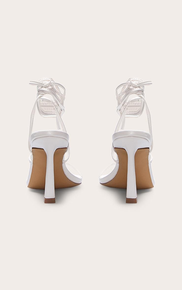 White Pu Square Toe Strappy Lace Up Mid Stiletto Heeled Sandals Product Image