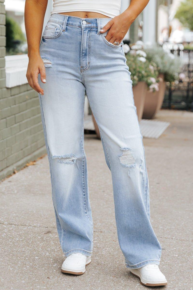 Light Wash Super High Rise Distressed Dad Jeans - FINAL SALE Product Image