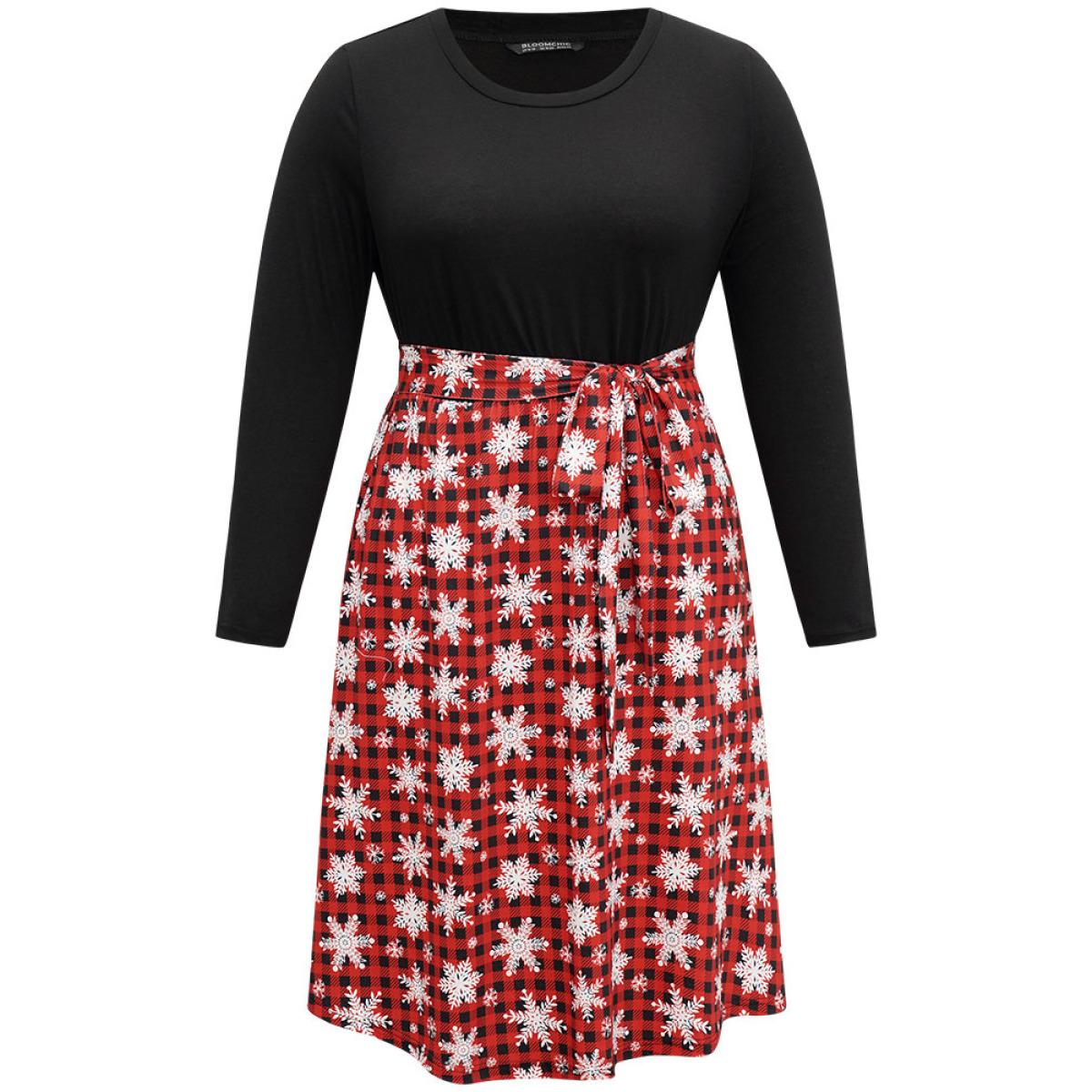 Plus Size Snowflake Print Belted Long Sleeve Dress Raspberry Women Elegant Belted Round Neck Long Sleeve Curvy Midi Dress BloomChic 26/4X Product Image