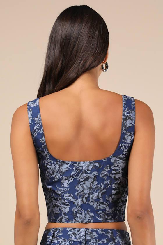 Aesthetic Confidence Navy Jacquard Sleeveless Top Product Image