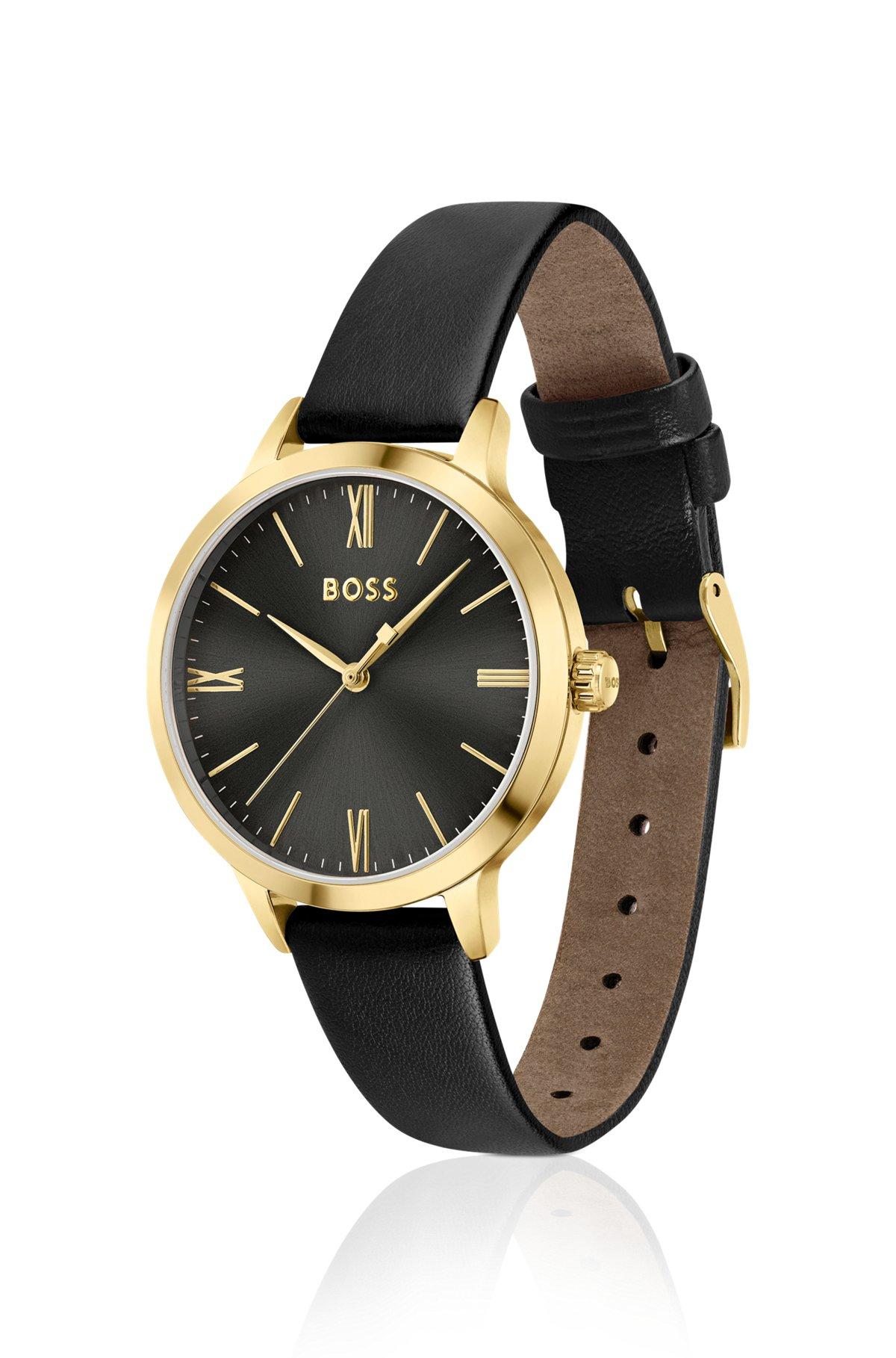 BOSS - Leather-strap watch with brushed black dial Product Image