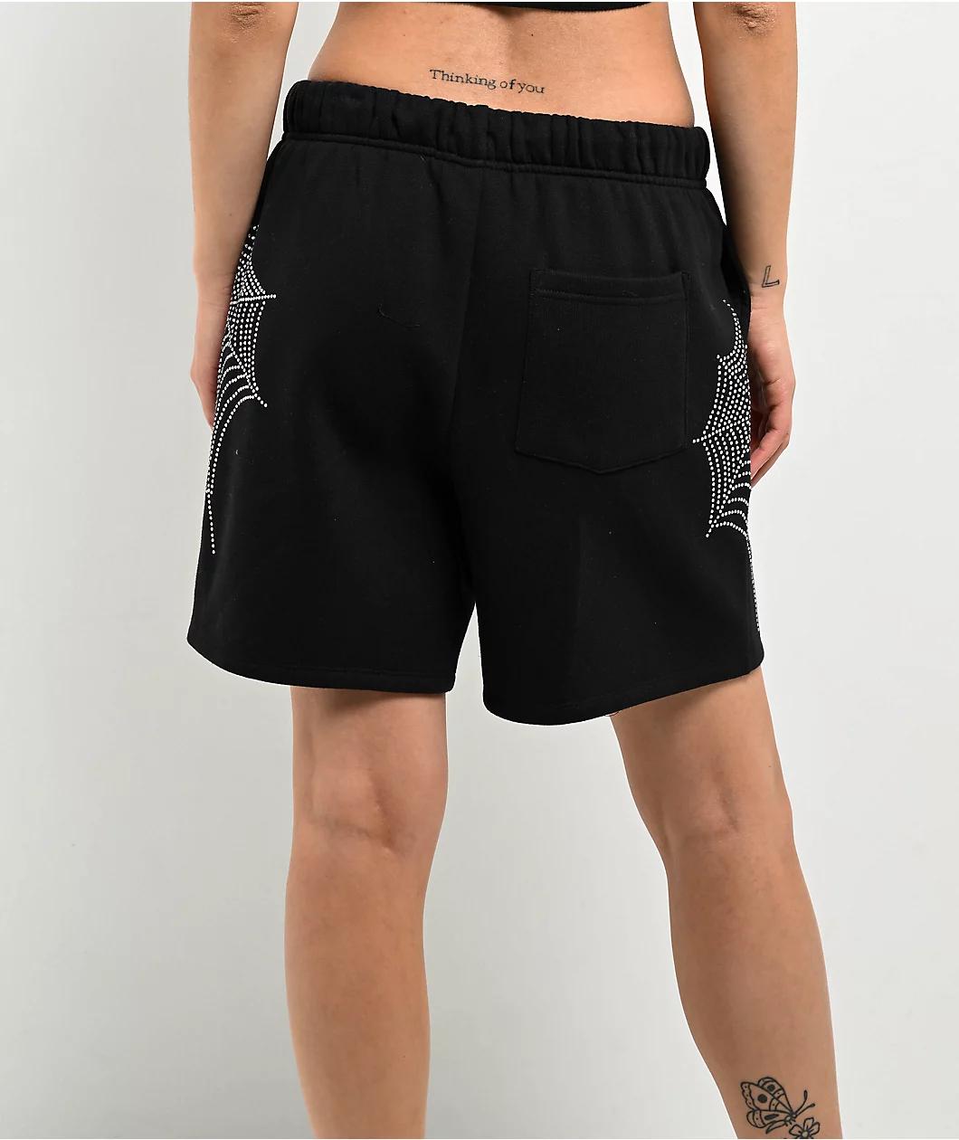 Broken Promises Stoned Web Rhinestone Black Crop Tank Top Product Image