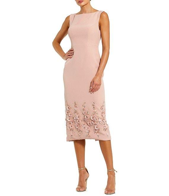 Mac Duggal Boat Neck Sleeveless 3D Floral Applique Crepe Sheath Midi Dress Product Image