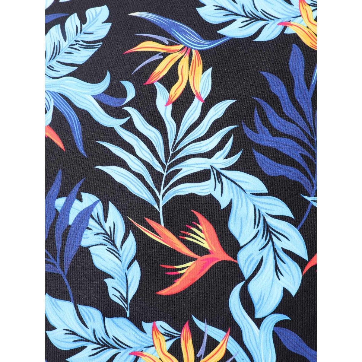 Plus Size Tropical Leaf Fit Flare Swim Dress Women's Swimwear BlackFlower Resort Bodycon U-neck High stretch Curve Swim Dresses BloomChic 22-24/3X Product Image