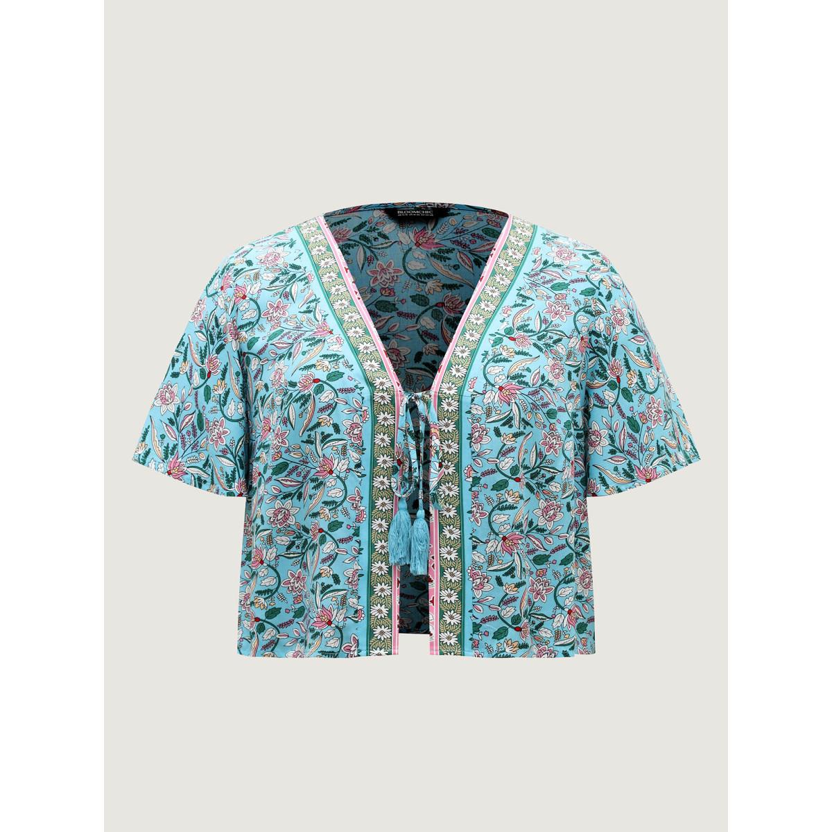 Plus Size Floral Print Tassels Co-Ord Set Arctic Women Vacation Tie knot No stretch Sleeve Half Sleeve Non 26/4X Two-Piece sets BloomChic Product Image