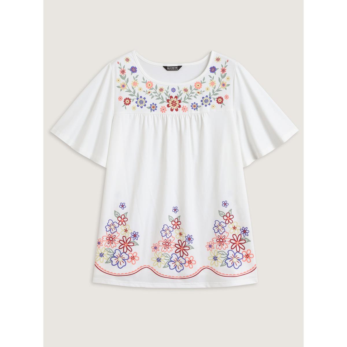 Plus Size Floral Dreams Flared Sleeve Solid T-Shirt WhiteSmoke Women Gathered Round Neck Vacation T-shirts BloomChic 28/5X Product Image