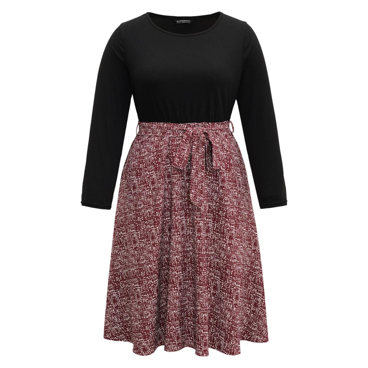 Plus Size Patchwork Contrast Belted Crew Neck Dress Black Women Office Belted Round Neck Long Sleeve Curvy Midi Dress BloomChic 12/L Product Image