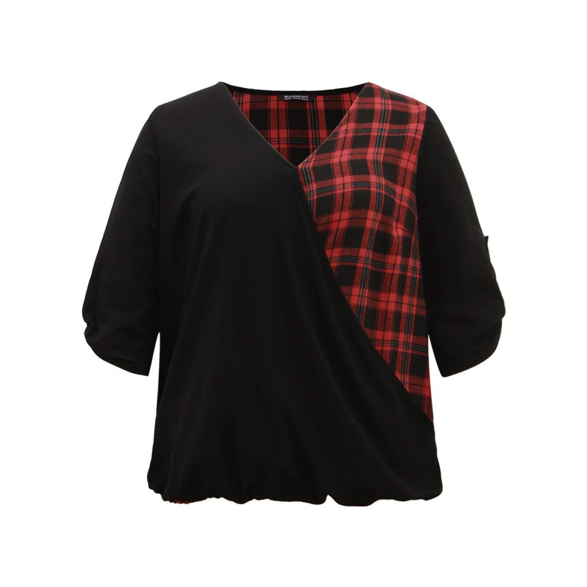 Plus Size Black Plaid Patchwork Wrap Tab Sleeve Blouse Women Casual Elbow-length sleeve V-neck Everyday Blouses BloomChic 12/L Product Image