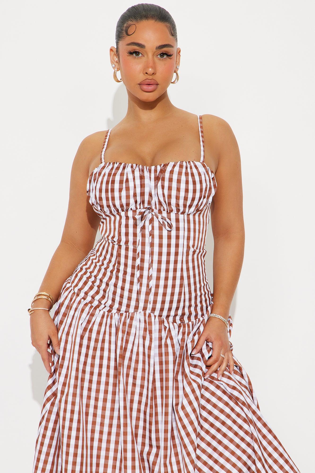 Jillian Drop Waist Gingham Midi Dress - Brown/combo Product Image