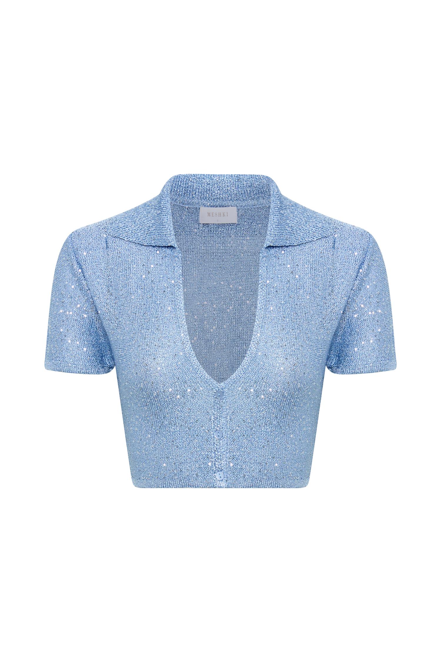 Huntley Sequin Knit Crop Top - Cornflower Blue Product Image