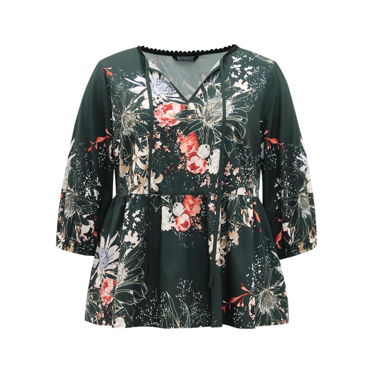 Plus Size DarkGreen Floral Print Knot Neck Pompom Trim Gathered Blouse Women Elegant Elbow-length sleeve Tie Neck Everyday Blouses BloomChic 12/L Product Image