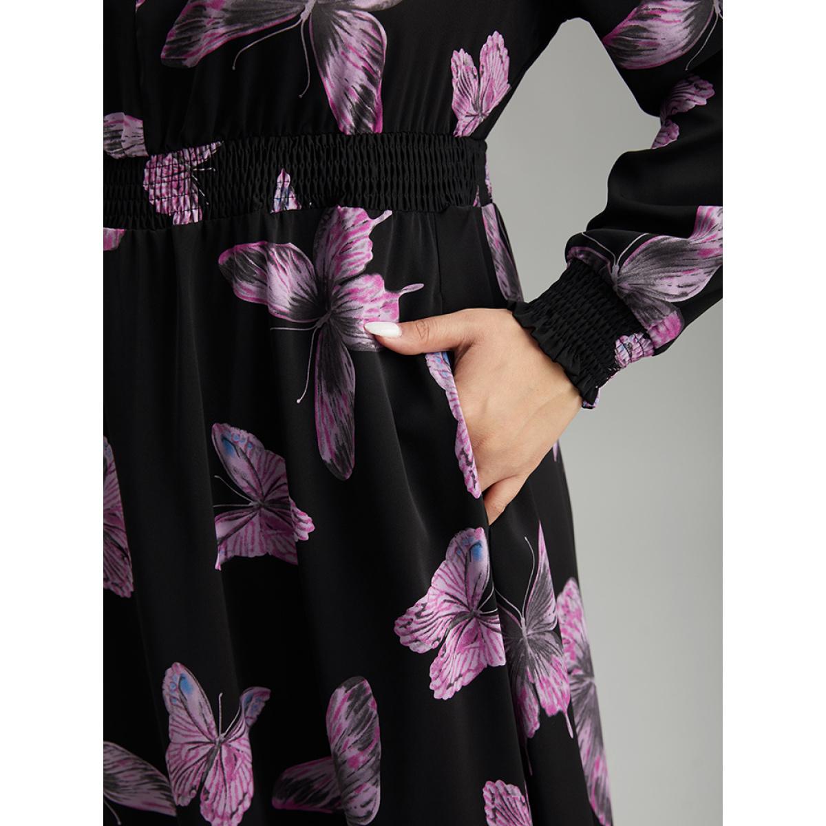 Plus Size Butterfly Print Pocket Shirred Cuffs Dress Black Women Elegant Printed V-neck Long Sleeve Curvy Midi Dress BloomChic 22-24/3X Product Image